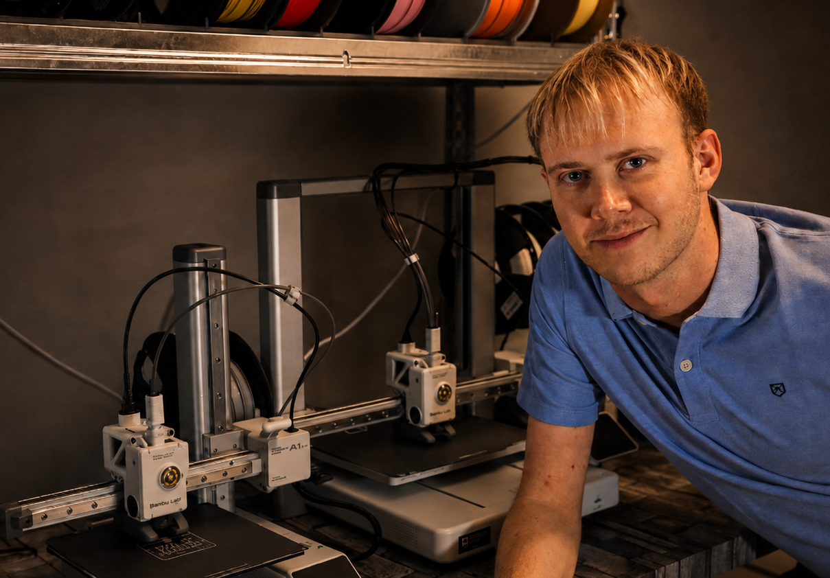 William dans l’atelier Willy Factory, aux côtés des imprimantes 3D
